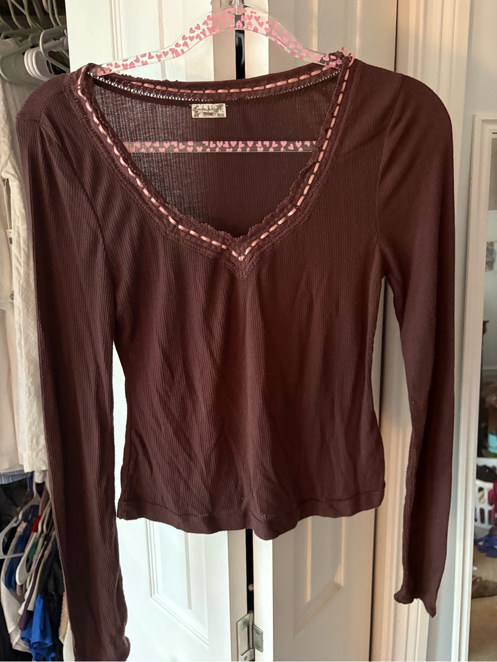 Free People Chocolate Brown Long Sleeve V-Neck Lace Trim Top